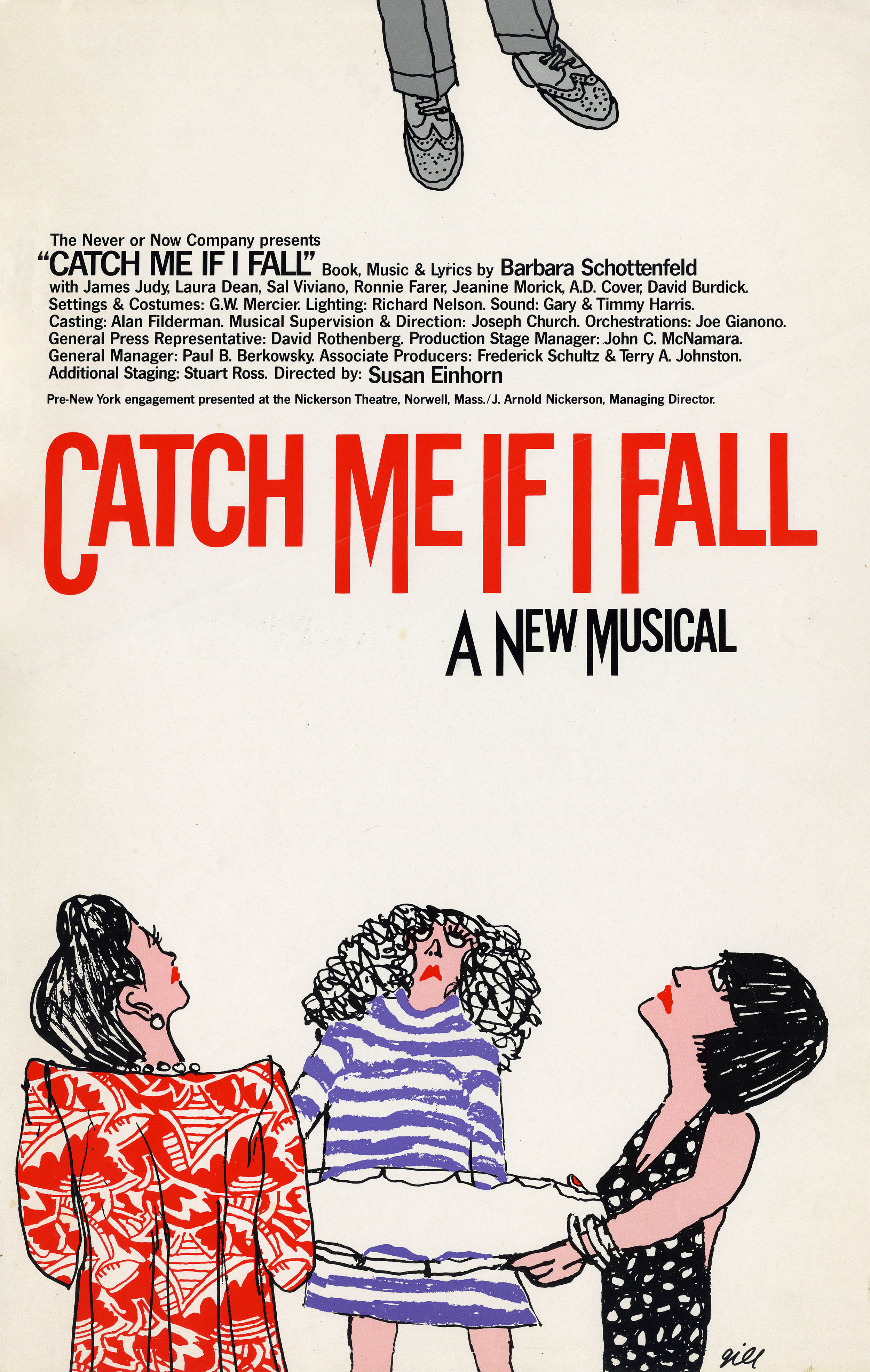 three women holding a trampoline while watching a man fall from above